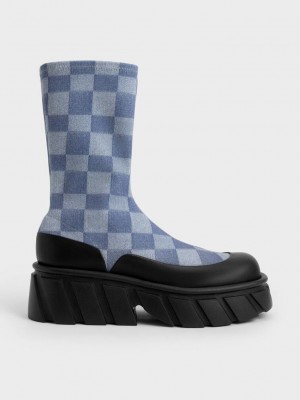 Charles & Keith Aberdeen Denim Checkered Platform Boots Renkli | QZPE-29185