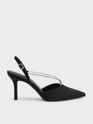 Charles & Keith Adel Recycled Polyester Gem-Askılı Arkası Açık Pumps Siyah | QBLJ-09641