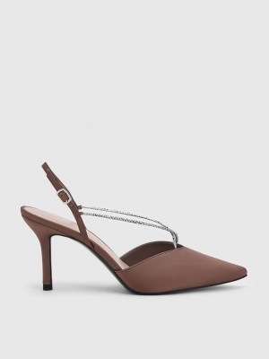 Charles & Keith Adel Recycled Polyester Gem-Askılı Arkası Açık Ballerina Pumps Kahverengi | OHUC-28039