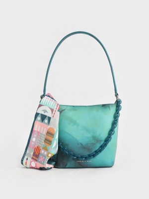 Charles & Keith Alcott Scarf Bucket Bag Turkuaz | FRHO-42635