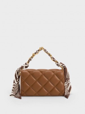 Charles & Keith Alcott Scarf Handle Kapitone Clutch Çikolata | NYSP-90253