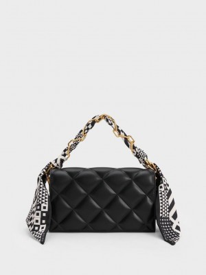 Charles & Keith Alcott Scarf Handle Kapitone Clutch Siyah | MFJZ-64298