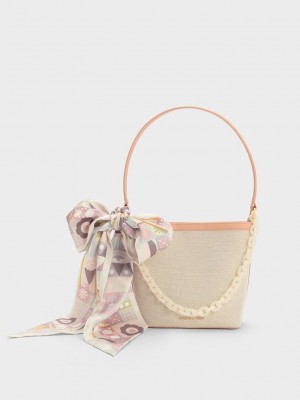 Charles & Keith Alcott Scarf Kanvas Bucket Bag Bej Rengi | QRTD-81673