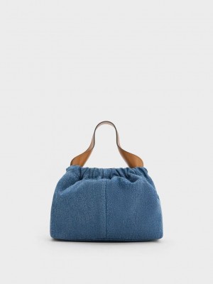 Charles & Keith Ally Denim Ruched Slouchy Chain-Handle Bag Mavi | ZEIW-24538