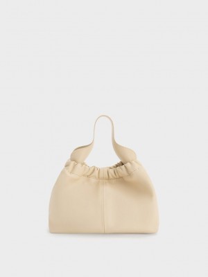 Charles & Keith Ally Ruched Slouchy Chain-Handle Bag Bej Rengi | PWYB-98712
