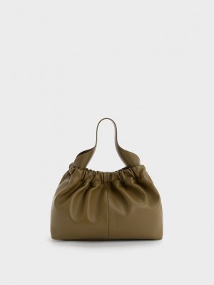 Charles & Keith Ally Ruched Slouchy Chain-Handle Bag Haki | OQPD-14950