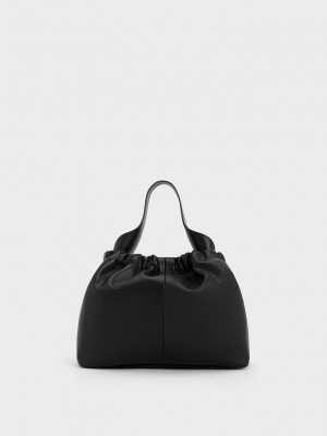 Charles & Keith Ally Ruched Slouchy Chain-Handle Bag Siyah | IBMT-30285