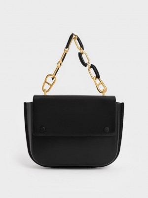 Charles & Keith Amber Chain Handle Push-Lock Handbag Siyah | BYNJ-72063
