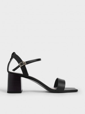 Charles & Keith Ankle Askılı Stacked Heel Sandals Siyah | MTQE-59063