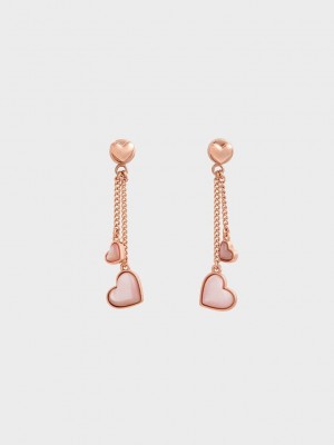 Charles & Keith Annalise Double Heart Stone Drop Earrings Pembe Altın | AGHR-15236