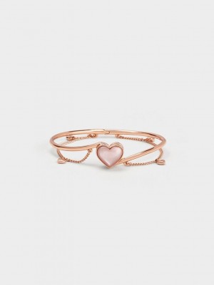 Charles & Keith Annalise Heart Stone Chain-Link Bracelet Pembe Altın | CBDE-40385