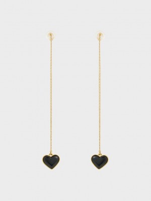 Charles & Keith Annalise Heart Stone Drop Earrings Siyah | RPMF-46908