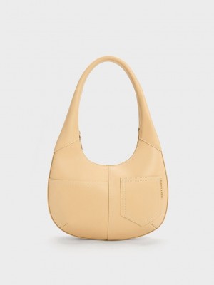 Charles & Keith Anthea Contrast-Trim Curved Hobo Bag Bej Rengi | DUPV-65084