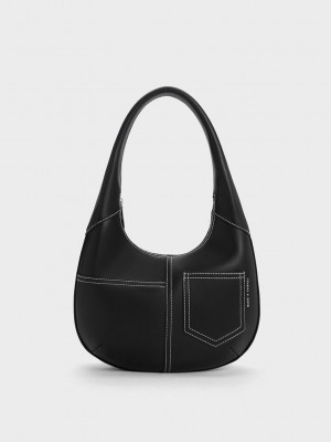 Charles & Keith Anthea Contrast-Trim Curved Hobo Bag Siyah | RHDX-89724
