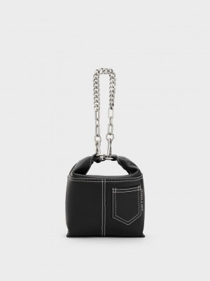 Charles & Keith Anthea Contrast-Trim Shoulder Bag Siyah | AMEW-23847