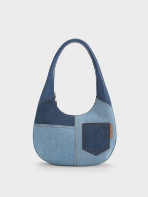 Charles & Keith Anthea Denim Contrast-Trim Curved Hobo Bag Mavi | KSXB-04567