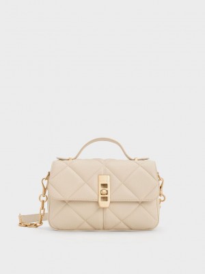Charles & Keith Anwen Kapitone Top Handle Bag Bej Rengi | LPEY-43896