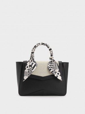 Charles & Keith Arley Kanvas Scarf-Wrapped Top Handle Bag Siyah | BPJA-13642