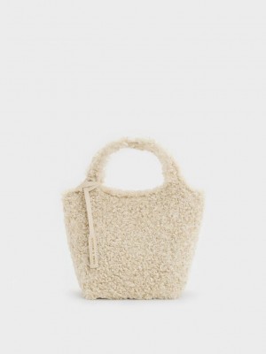 Charles & Keith Arlys Furry Tote Bag Bej Rengi | FOGT-07261