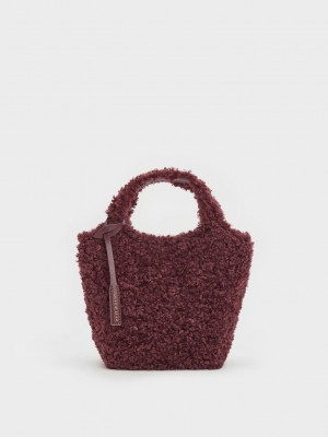 Charles & Keith Arlys Furry Tote Bag Bordo | FSBW-54682