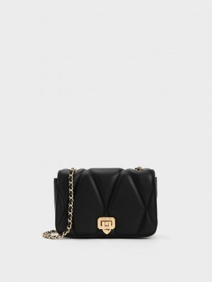 Charles & Keith Arwen Kapitone Shoulder Bag Siyah | PXZC-67013