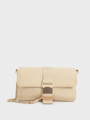 Charles & Keith Aspen Metallic Belt Tokalı Shoulder Bag Bej Rengi | IHLQ-61539