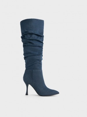 Charles & Keith Aster Denim Ruched Knee-High Boots Mavi | EYGB-69024