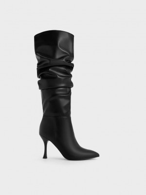 Charles & Keith Aster Ruched Knee-High Boots Siyah | PREW-52378