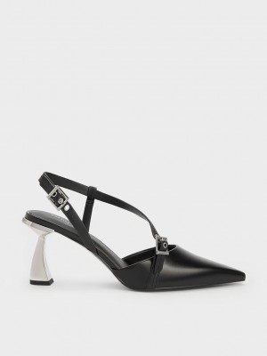 Charles & Keith Asymmetric Curved Heel Arkası Açık Pumps Siyah | OSRF-24130
