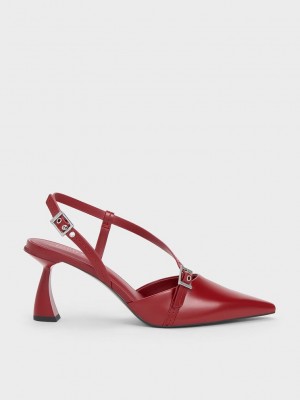 Charles & Keith Asymmetric Curved Heel Arkası Açık Pumps Kırmızı | JWNP-96482