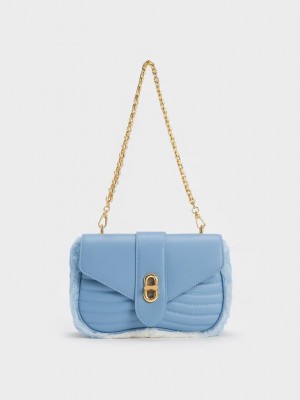 Charles & Keith Aubrielle Fur-Trim Panelled Crossbody Bag Açık Mavi | DCJG-20716