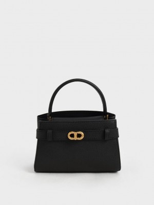 Charles & Keith Aubrielle Metallic-Tokalı Top Handle Bag Siyah | VPIK-73859