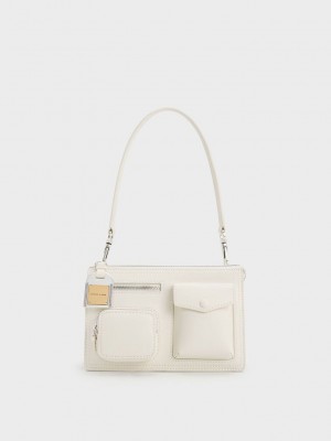 Charles & Keith Austen Multi-Pocket Shoulder Bag Krema | JVRT-04395
