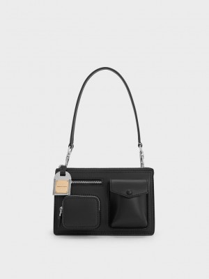 Charles & Keith Austen Multi-Pocket Shoulder Bag Siyah | ZDBH-38506