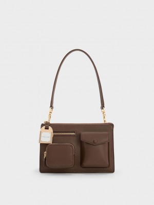 Charles & Keith Austen Multi-Pocket Shoulder Bag Koyu Kahverengi | RNFY-63795