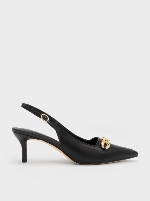 Charles & Keith Avani Tıknaz Chain-Embellished Arkası Açık Pumps Siyah | HEUD-51428