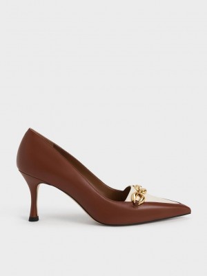 Charles & Keith Avani Tıknaz Chain Stilleto Heel Pumps Kahverengi | FNIX-30582