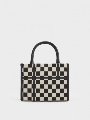 Charles & Keith Avenue Checkered Tote Bag Siyah | WCOL-20569