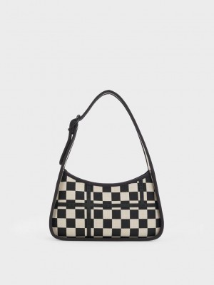 Charles & Keith Avenue Checkered Trapeze Shoulder Bag Siyah | XIVY-31897