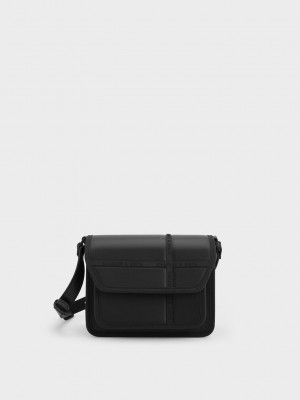 Charles & Keith Avenue Contrast-Trim Crossbody Bag Siyah | NRKV-25078