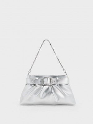 Charles & Keith Avis Metallic Belted Ruched Shoulder Bag Gümüş | JNZX-53482