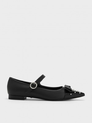 Charles & Keith Bead-Embellished Deri Bow Mary Jane Flats Siyah | BOYT-27951