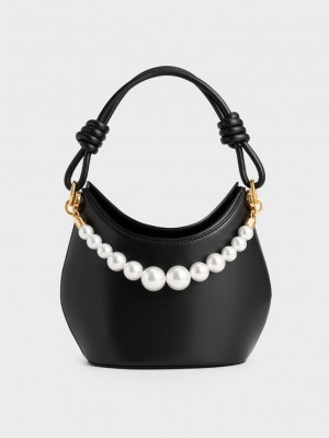Charles & Keith Bead-Embellished Knotted Handle Bag Siyah | RMSZ-47019