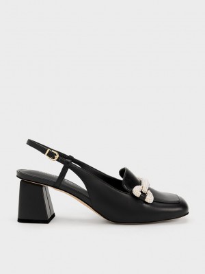 Charles & Keith Beaded Arkası Açık Loafer Pumps Siyah | RMFN-92180