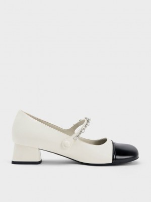 Charles & Keith Beaded Chain-Link Mary Janes Beyaz | DPHK-80197