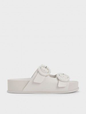 Charles & Keith Beaded Circle Terlik Sandals Beyaz | BNGX-03274
