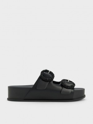 Charles & Keith Beaded Circle Terlik Sandals Siyah | UCWD-20735
