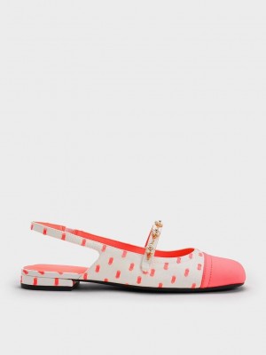 Charles & Keith Beaded Flower Printed Arkası Açık Flats Mercan Pembe | PYAW-34570