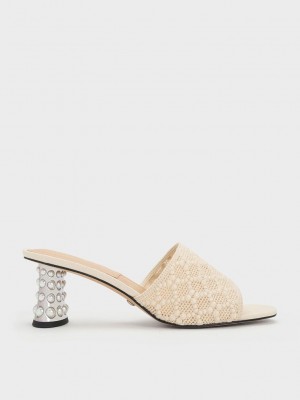 Charles & Keith Beaded Heel Crochet Mules Krema | CGSN-10798