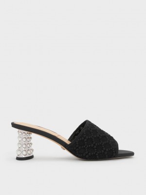 Charles & Keith Beaded Heel Crochet Mules Siyah | VKXG-53061